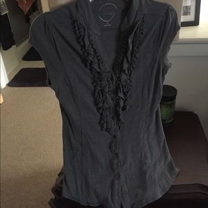 Grey Cotton Button down Short Sleeve Blouse, Sz M